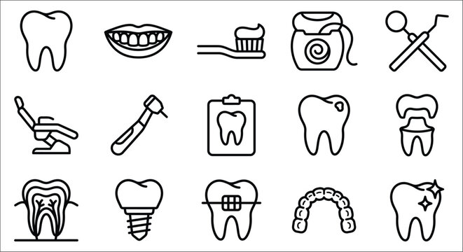 Dental Icons Collection Line Style Illustrations Of Teeth Tools And Oral Hygiene Products tooth dentistry