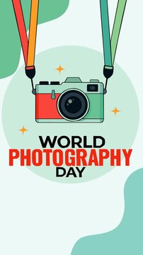Engaging World Photography Day footage featuring a hanging vintage camera, colorful straps, and modern graphic background