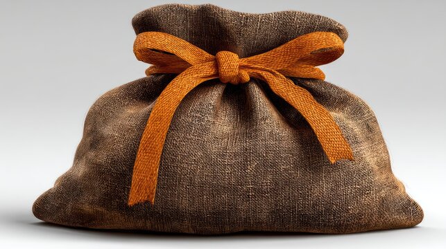 A close-up of a brown burlap bag tied with an orange ribbon
