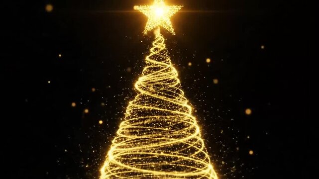 A glowing golden light spiral shaped like a festive tree on black