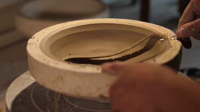 Potter Working with Clay, Traditional Clay Processing on Pottery Wheel, Skilled Artisan Creating Handmade Ceramic Pot in Workshop, Ceramic Production Process, Craftsmanship and Pottery Making Concept