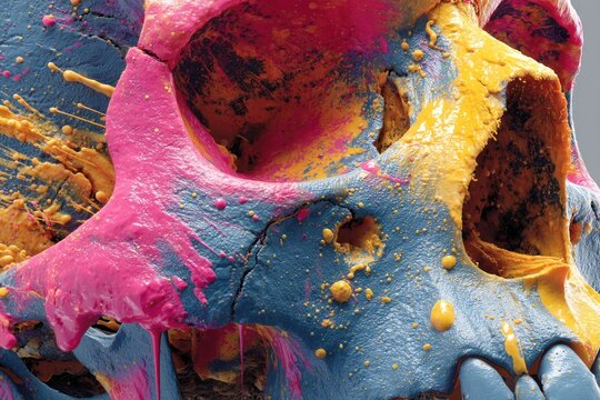 Close-up of a skull painted with vibrant splashes of blue, yellow, and pink colors
