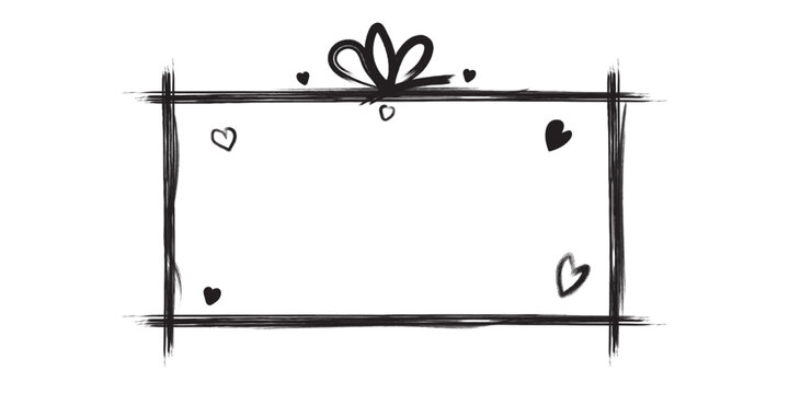Hand drawn rectangular gift box outline sketch with a decorative bow on top and small heart accents