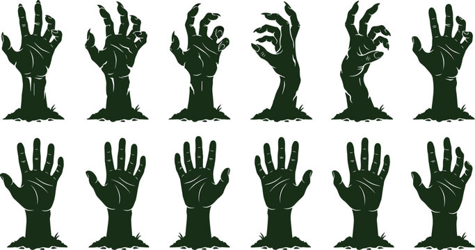 Spooky green zombie monster hands rising from the ground vector set Halloween horror theme isolated on white background