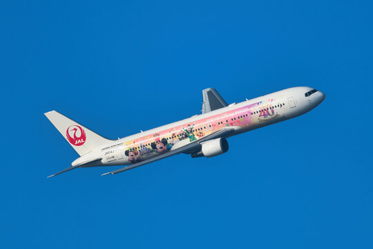 Japan Airlines Boeing 767-300ER (JA614J) passenger plane with JAL Colorful Dreams Express special livery departing from Tokyo International Airport