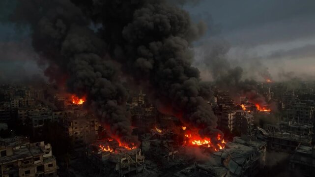 Intense Fire Engulfs a Dense Cityscape at Night Creating Dramatic Smoke Plumes for Disaster Concept Footage
