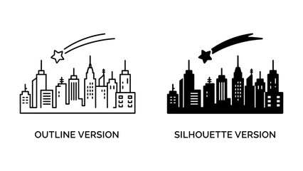 City Skyline with Shooting Star Icons: Two stylized representations of a city skyline, one in outline and the other as a silhouette, feature a shooting star streaking across the sky. © Sugra