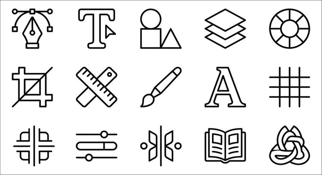 Collection Of Line Icons Representing Design Typography And Communication Concepts abstract aesthetic alignment art concept