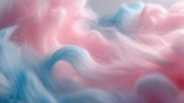 Soft pink and blue cotton candy fibers unravel and drift apart, delicate strands catching diffused light to create dreamy pastel motion with whimsical macro texture.