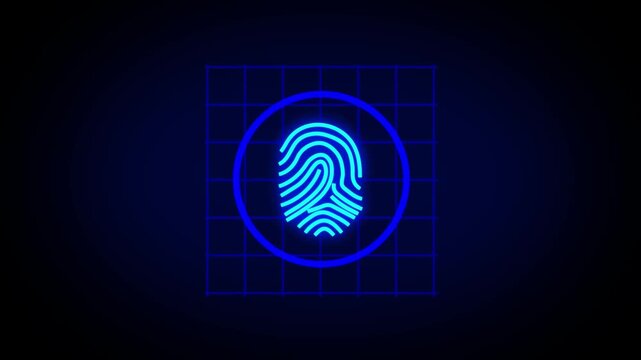 Glow animation vectors trace a blue neon fingerprint layout over dark data grids. Biometric access authorization modules gain deep visual authentication value here.