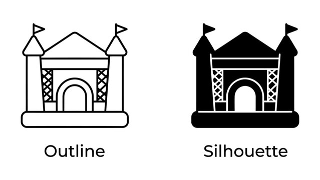 Bounce House Outline and Silhouette: Two distinct representations of a bounce house, one an intricate outline and the other a bold silhouette, offering versatile graphic elements for design projects.