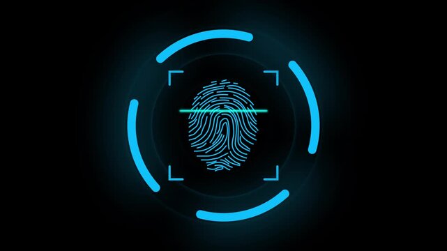 Biometric animation matrices trace a blue fingerprint scan sequence under green neon lines. Secure mobile network hardware interfaces look completely authentic here.
