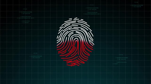 Scan biometric animation sheets scatter red and white fingerprint nodes over binary matrix code. Cyber security threat tracking screens gain deep visual complexity.