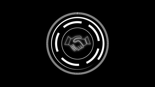 Agreement deal animation rings track corporate handshake graphics inside white neon lines. B2B business negotiation training videos gain a clear partnership icon.
