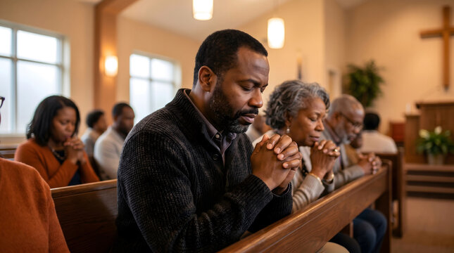 Christian Worship, Church Service, African American man praying with other parishioners Christian worship service for faith and devotion Religious