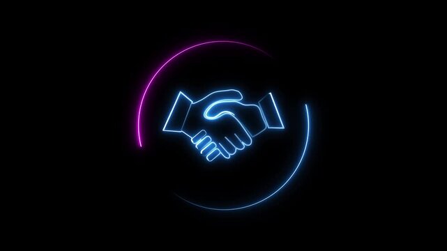 Agreement deal animation fields wrap a modern handshake graphic inside pink and blue neon loops. Professional enterprise merger presentation slideshows look crisp.