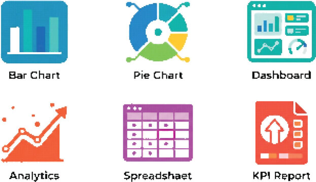 Flat vector icons for business data visualization and analytics tools in EPS format