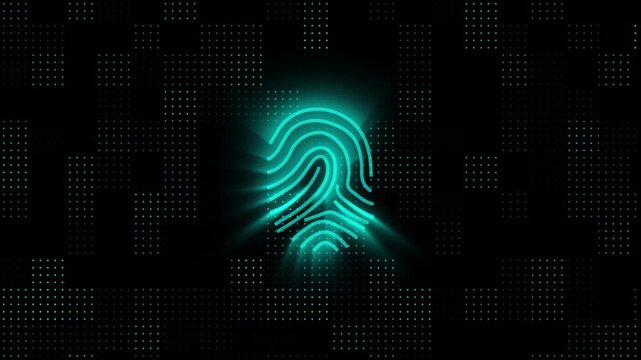 Biometric identity animation grids track a cyan fingerprint graphic past pixel arrays cleanly. Information network security systems utilize this modern vector.
