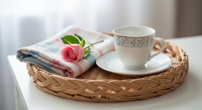 A cup of tea and a pink rose on a book placed on a round wicker tray