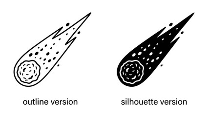 Comet Icon: A set of icons representing a comet, one in outline and the other in silhouette, showing its fiery tail and rocky core. © Md