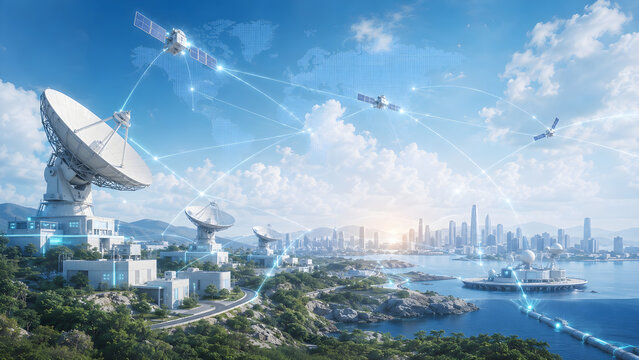 Satellite Communication Network with Ground Stations, Space Connectivity and Coastal Smart City