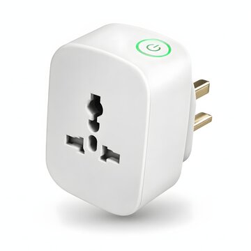 Modern white smart plug socket adapter with illuminated power icon button on isolated background suitable for smart home automation project energy saving product UI design.