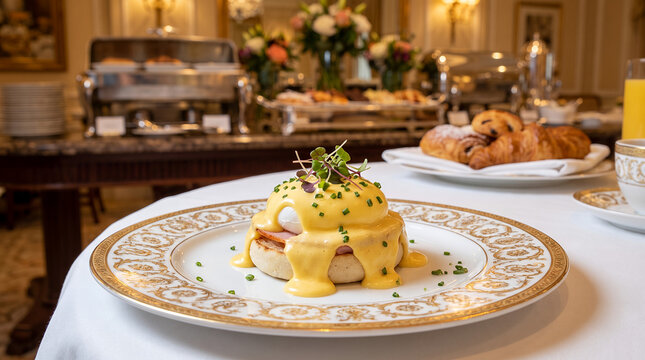 Gourmet eggs Benedict served on an elegant plate in fine dining restaurant  