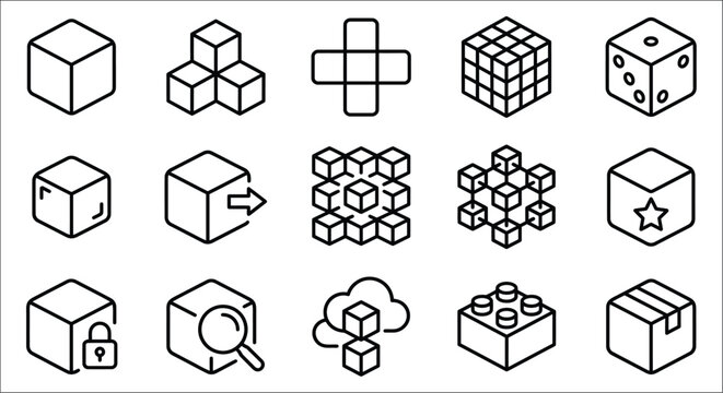 Cube variations and geometric shapes black line icons on a white background cubes block blocks