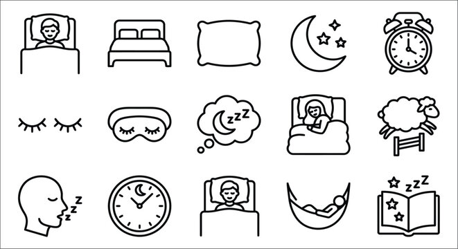 Sleep Icons Set Linear Style On White Background Representing Rest And Bedtime Concepts dreams night