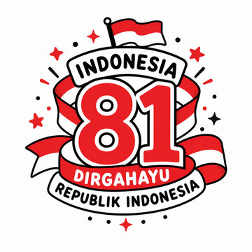 Premium flat vector sticker celebrating Indonesia Independence Day featuring a bold 81 badge, flowing red and white ribbon, festive stars, and modern clean vector design.