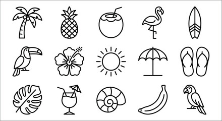 Tropical icons set black line drawings on a white background depicting vacation and summer themes © Vactor media 