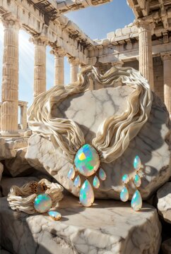 Lussuosa parure di gioielli con collana in seta e pietre di opale su marmo antico con tempio greco sullo sfondo