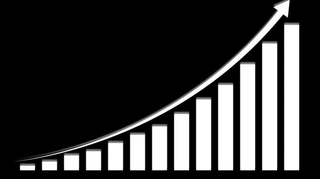 Graph statistics animation grids trace a white bar chart layout under an upward performance arrow. Modern enterprise asset management dashboards optimize daily metrics.