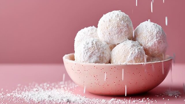 Delicate coconut snowball cookies in a pink bowl with falling powdered sugar