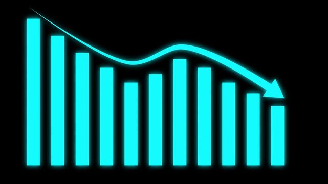 Chart statistics animation panels track a sharp commercial deficit drop via a cyan bar graph. Severe economic risk overviews stand out sharply on this graphic loop.