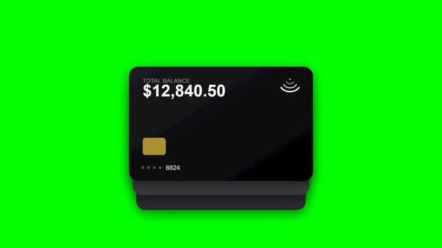 Sleek Black Digital Credit Card with $12,840.50 Balance Displayed on Green Screen Chroma Key