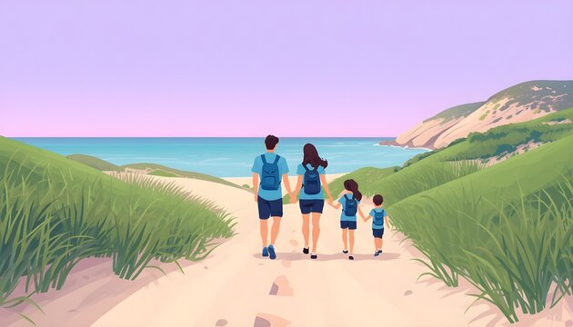 Family with backpacks walking down a sandy beach path, vector flat landscape design.