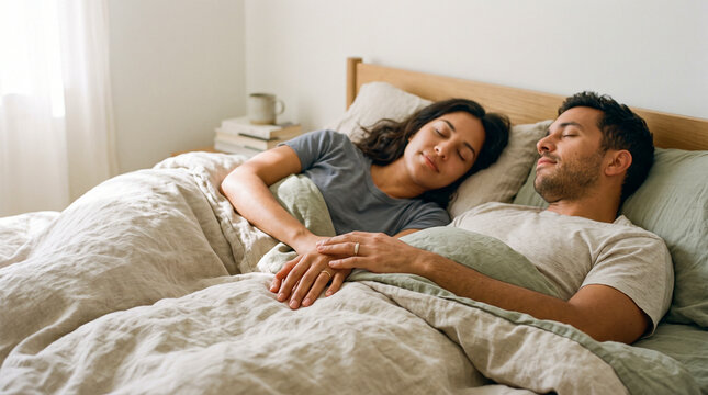 Pareja relajada en la cama con los dedos entrelazados, transmitiendo serenidad, sexualidad consciente y profunda conexi&oacute;n sensorial.