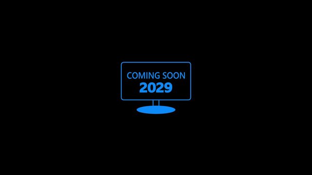 A blue of a computer monitor with a stand the text COMINGSON and the year 2029 in bold blue font on a stark black background. Keywords: computer, monitor, screen, display, technology