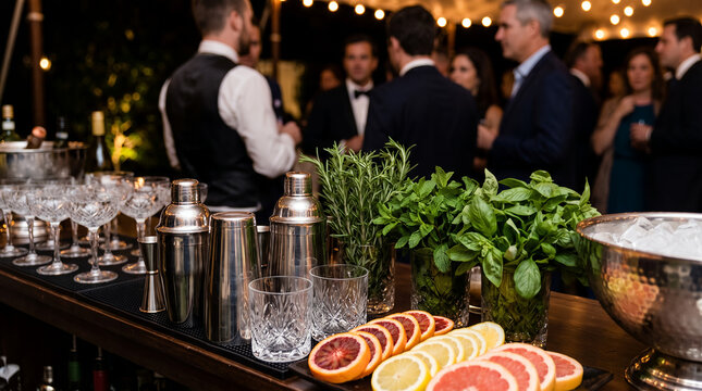 Bartender preparing cocktails with fruits and herbs at evening event  