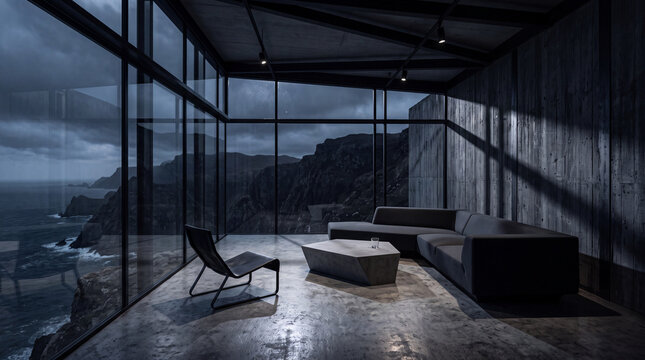Tense Modern Glass Interior on Cliff Edge Representing Anxiety and Psychological Stress