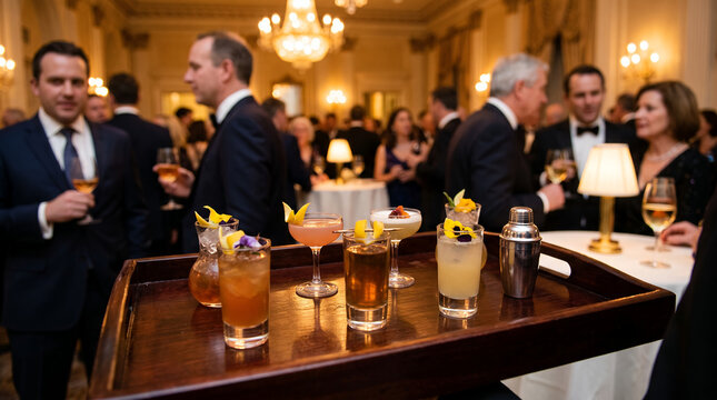 Elegant cocktail reception with guests socializing at a formal event  