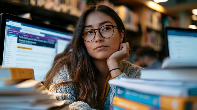 A university student in a campus library stares at a federal government website on a desktop computer, a DACA renewal deadline highlighted in a browser tab, her stack of textbooks and class notes cr
