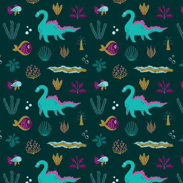 Flet cute pattern with dinosour, fish and underwater plants, in cartoon style