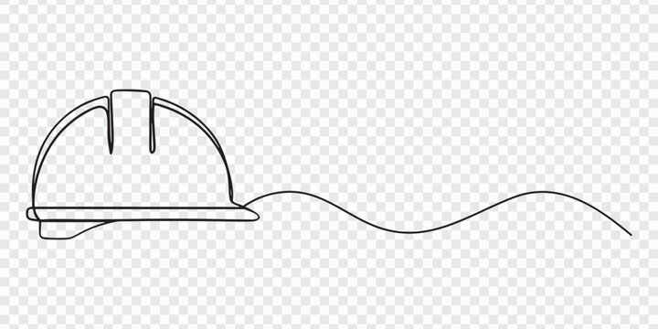 Continuous line art construction hard hat safety helmet vector illustration, Minimalist continuous line drawing of a construction safety hard hat, isolated on continuous one line art of vector