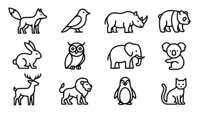Fototapeta premium Black and White Animal Line Icon Set with Fox Panda Elephant Owl and Wildlife Vector Collection