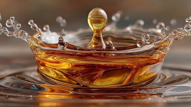 Macro shot of a droplet impacting liquid, creating a crown-like splash with amber hues