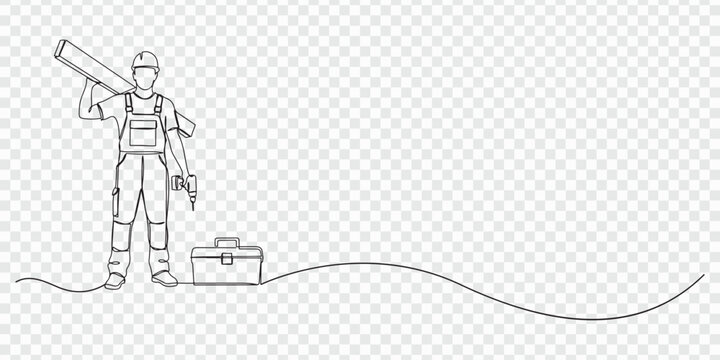 Single continuous line drawing timber frame house construction worker. Repairwoman standing with board, tool box, and drill. Building, construction, repair work services. One line draw design vector