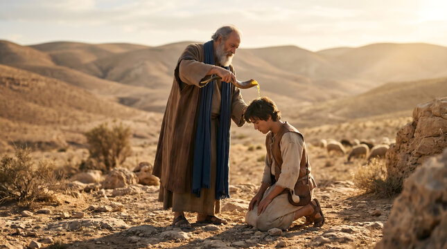 Prophet Anointing, King David, Prophet anoints a young man possibly David with oil in the desert representing consecration for leadership biblical