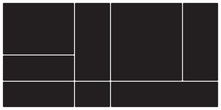 Minimal Black and Grey Bento Grid Layout Vector Set with Transparent Background, Modular Abstract Collage Design Templates, Editable UI Wireframe Bento Boxes for Modern Web Layouts and Social Media